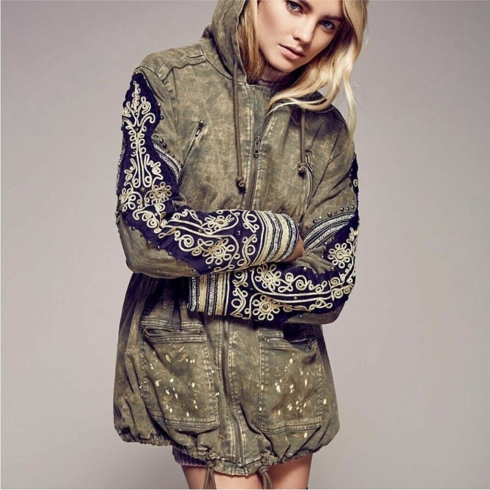 Free People Golden Quills Embroidered Olive Green Military Jacket - Picture 2 of 5